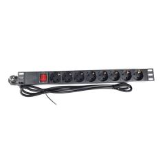 Socket block 19" 1U 8 outlets with switch, 220V, German type, 1U, aluminum housing, black cable length 1.8m