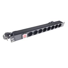 Socket block 19" 1U 8 outlets with switch, 220V, German type, 1U, aluminum housing, black cable length 1.8m